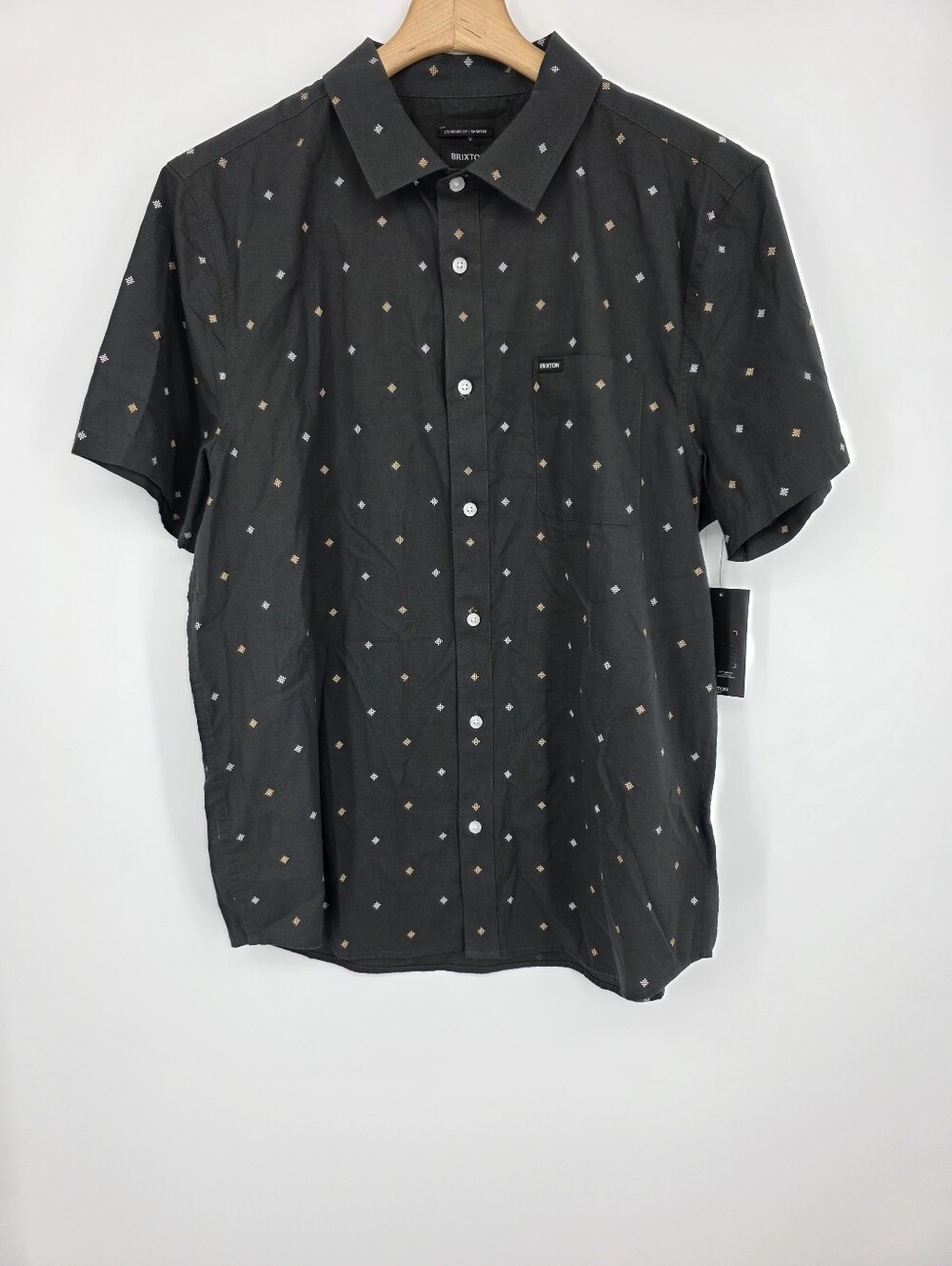 Brixton Short-Sleeve Charcoal gray Button-Up Shirt with Diamond Motifs size L.